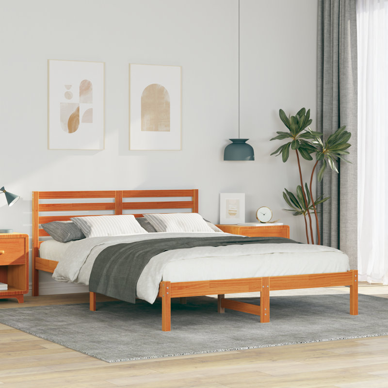 Solid Wood Bed Frame, European Double (140 x 200 cm), Wax Brown
