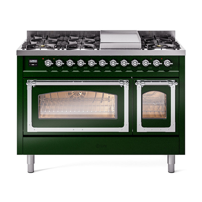 ILVE Nostalgie II Series Noblesse 48 inch Dual Fuel Range with 8 Sealed Burners, Griddle (Glass Door), Emerald Green, Chrome