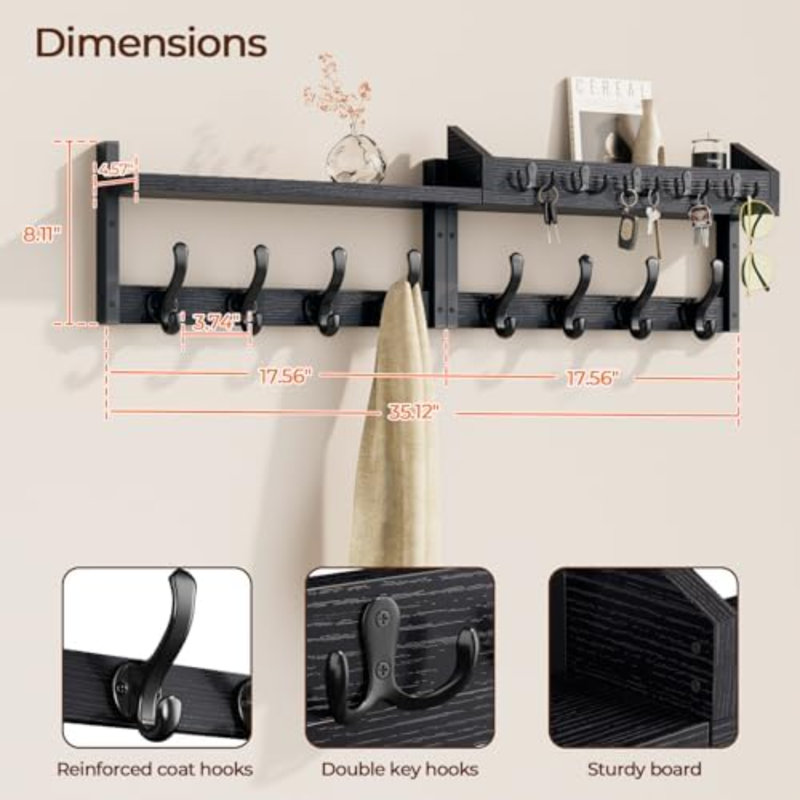 Porte-manteau mural avec tablette pour entrée, noir | Porte-manteau et porte-clés mural avec crochets, porte-clés et organisateur de courrier pour mur, salon, vestibule, chambre