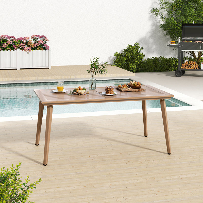 Table de salle à manger rectangulaire en aluminium brun avec trou pour parasol 63 po Michael