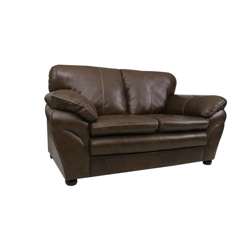 Causeuse 65 po en cuir véritable avec accoudoirs coussinés en cuir véritable, Châtaignier
