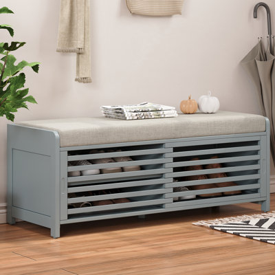 Retro Distressed Shutter Storage Bench with Acacia Veneer – Entryway & Living Room Wooden Accent Bench, Grey