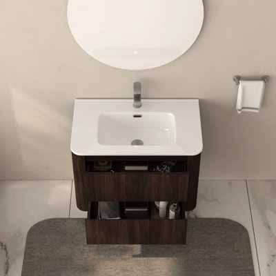 30" Bathroom Vanity With Integrated Ceramic Sink, Wall Mounted, Two Drawers, Dark Walnut, American Design, -, Ample Storage For Essentials Drawers And White Easy To Clean Surface