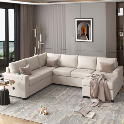 Sectional Sleeper Sofa Bed with Lounge Chair, USB and Type-C Interfaces