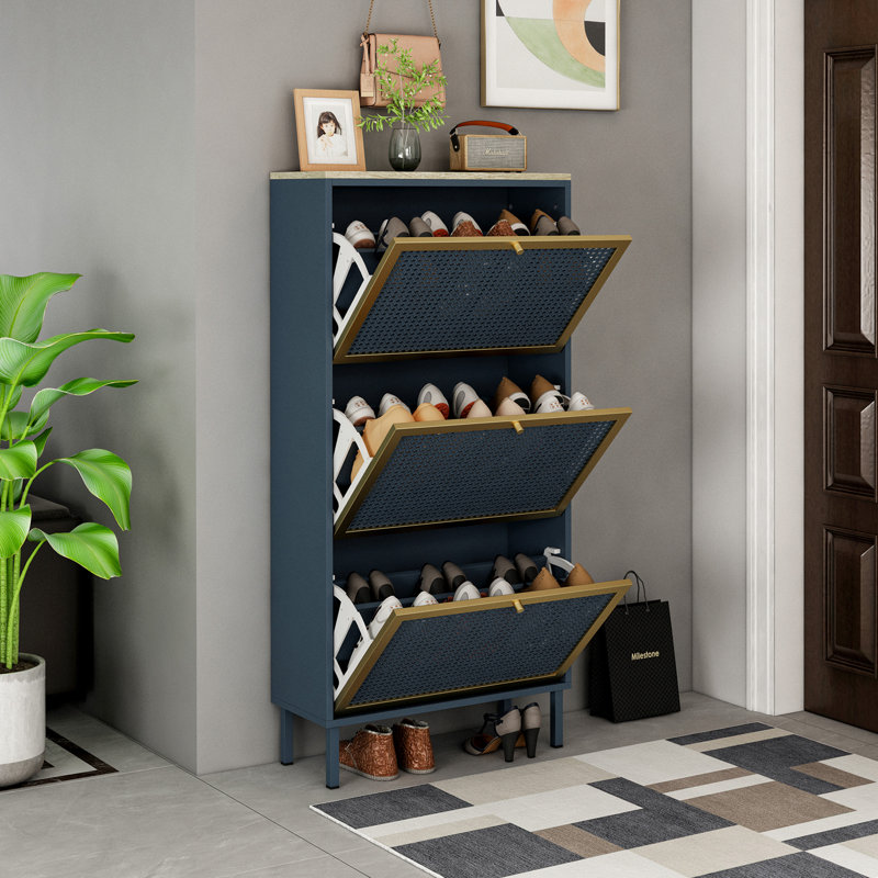 Range-chaussures 3 portes en métal, armoire de rangement pour chaussures autoportante moderne, rotin en métal, pour vestibule