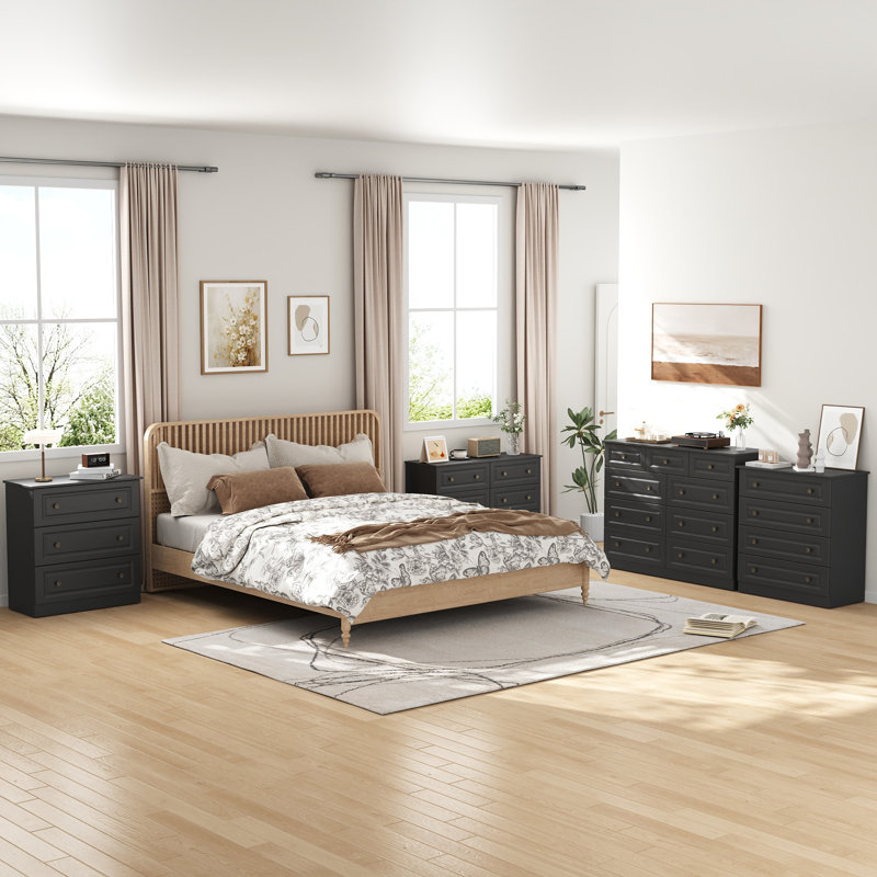 Ensemble de chambre à coucher 2 pièces Peiffer: commode à 6 tiroirs et commode à 3 tiroirs (ensemble de 2), Black