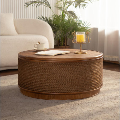 Table basse ronde en rotin avec rangement amovible, garniture en corde de chanvre tissée à la main, style boho-chic, parfaite pour les salons confortables et les espaces compacts