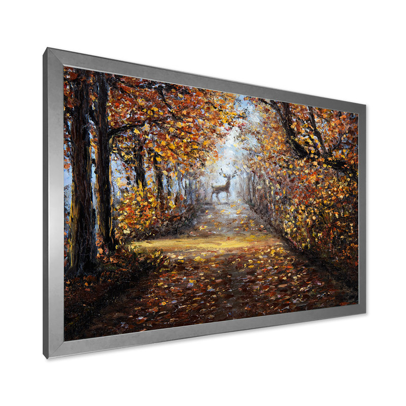 Cerf dans le parc - peinture sur toile, Encadrement argenté, H 16 po x l 32 po x p 1 po