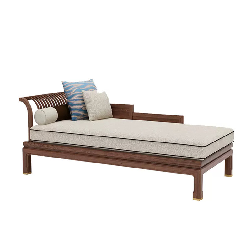 Chaise longue rembourrée en bois massif chinois, Chaise longue à accoudoir gauche