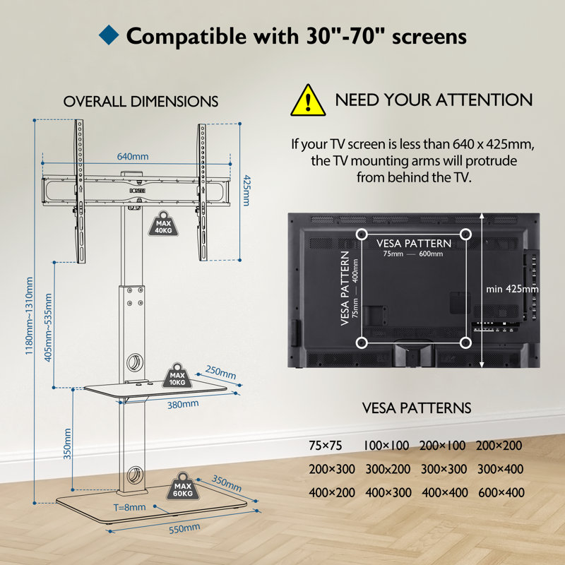1Home Single Screen Floor Stand Mount, White