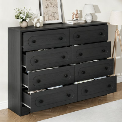 Commode 8 tiroirs pour la chambre à coucher, commode de style campagne moderne avec boutons en métal, organisateur de rangement en bois de 55 po de largeur avec dispositif anti-basculement, organisateur de garde-robe à 8 tiroirs pour le couloir du salon