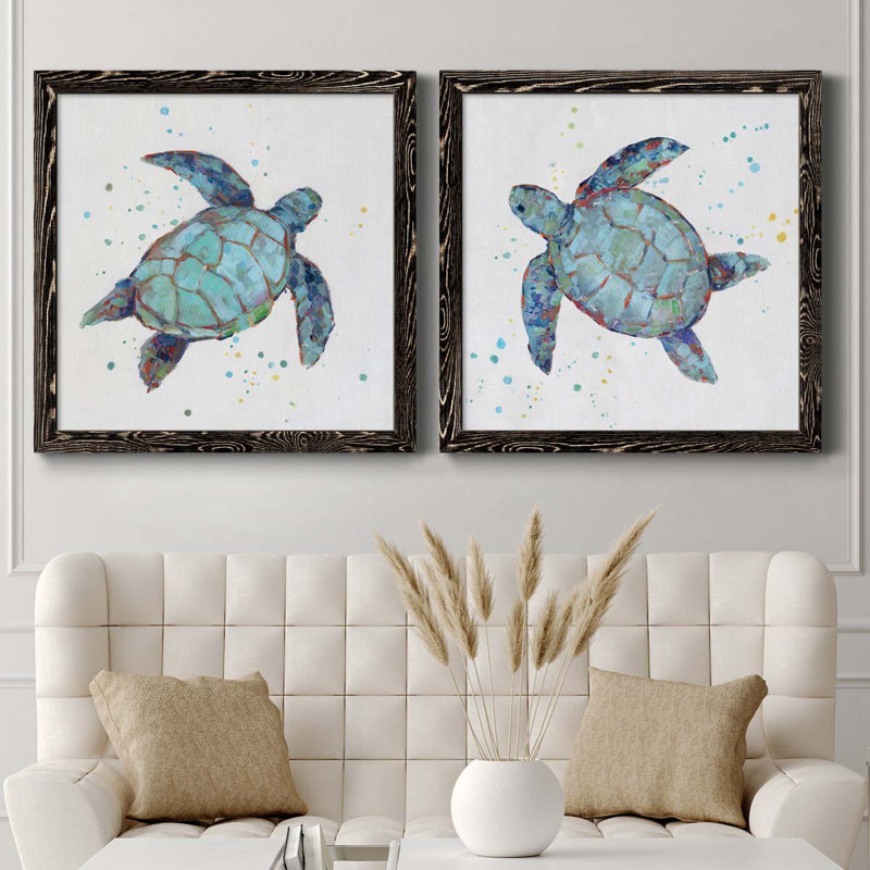 Bubble Blue Turtle I - ensemble de 2 peintures sur toile encadrées, Cadre noir, H 35,5 po x l 71 po x P 1,5 po