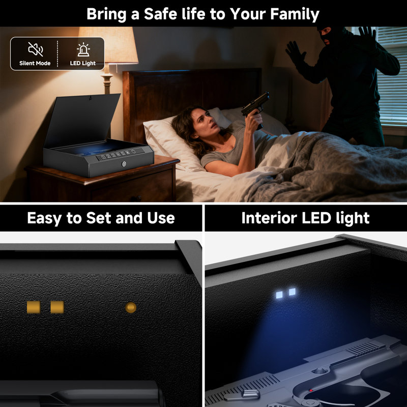 Large Biometric Gun Safe，3-Ways unlock Fingerprint Digital PIN Key Unlock  , with Internal Light & Silent Mode, Emergency Power Supply Gun Lock Box for Home Bedroom Bedside Nightstand and Car