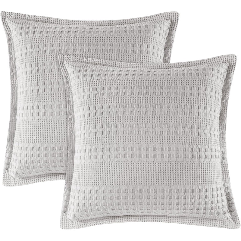 PHF 100% Cotton Ruffle Waffle Pillow Shams, 2 Pack Soft Skin-Friendly Bed Pillow Covers for Aesthetic Home Decor, Light Grey