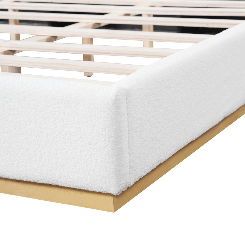 Modern White Boucle Winged Bed Frame With Enclosed Wood Base,  King Size