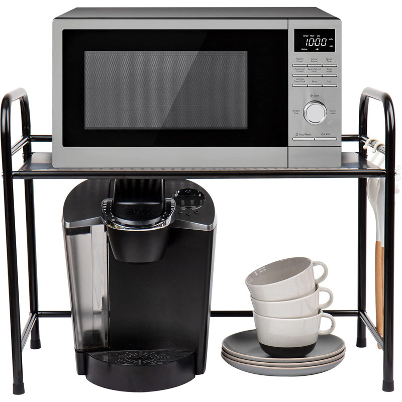 Black Metal Microwave Stand with Hooks and Shelf