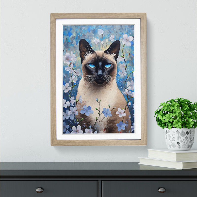 Siamese Cat Informel - Single Picture Frame Print on Wood, 34cm H x 25cm W x 2cm D, Oak