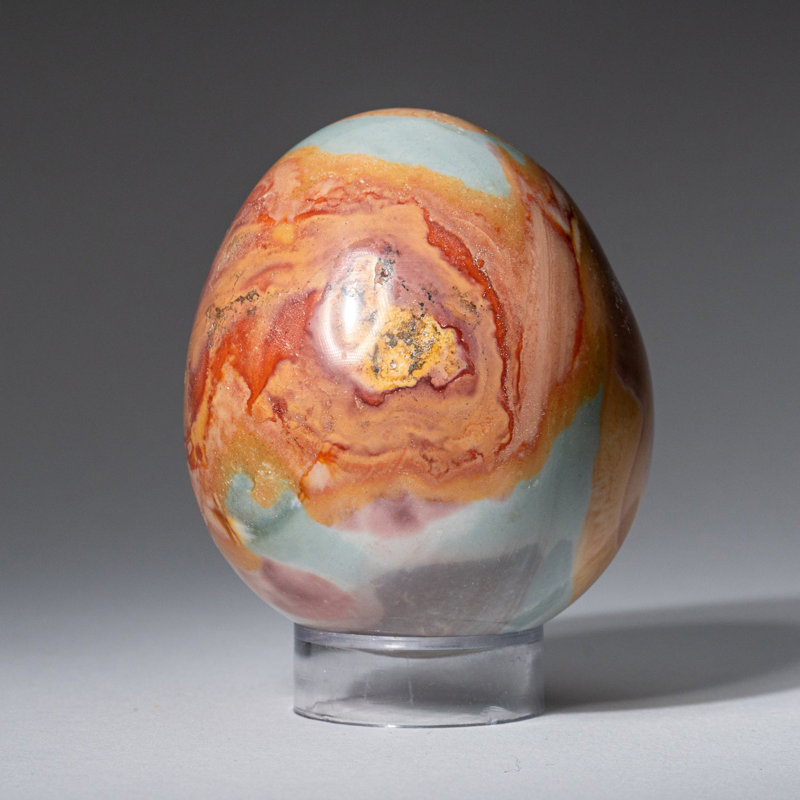 Polished Polychrome Egg From Madagascar (0.6 Lbs), 3.5" H x 2.75" W x 2.75" D, Peach/Red/Blue