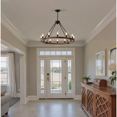 12-Light Modern Farmhouse Wagon Wheel Chandelier Seeded Glass Multi-Light Pendant with Adjustable Chain Matte Black and Wood Grain