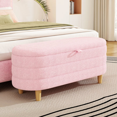 Repose-pieds élégant avec rangement en tissu Sherpa rembourré avec pieds en bois, banc de rangement pour chambre à coucher, salon, blanc