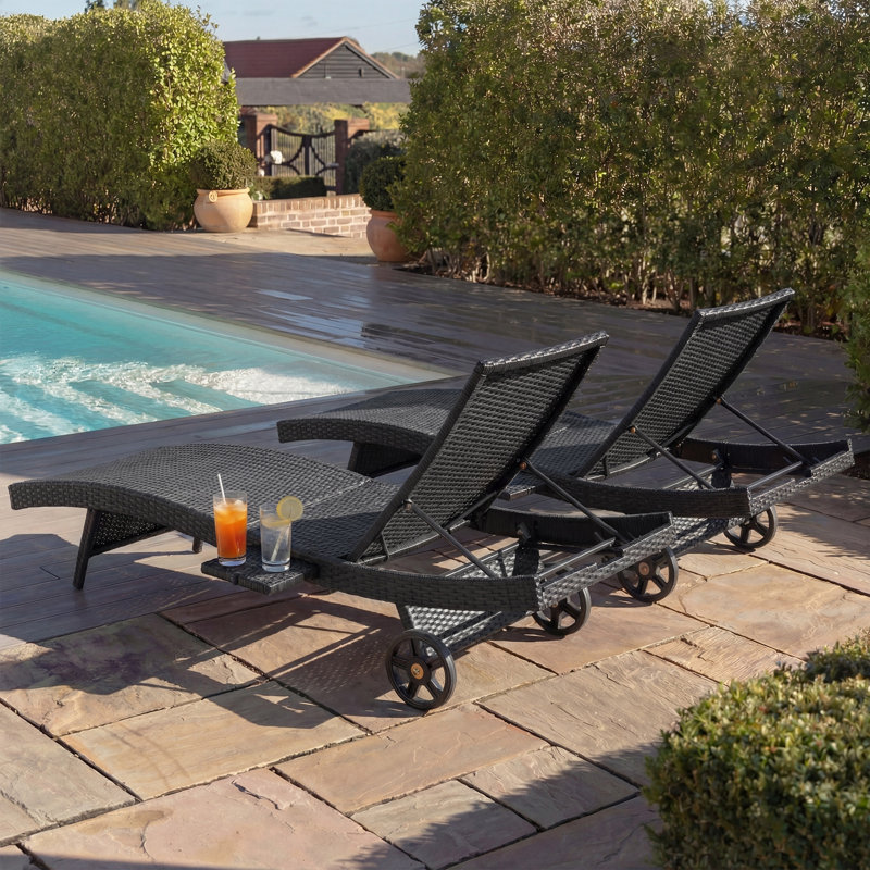 80" Patio Wicker Chaise Lounge Chairs Set of 2, Black