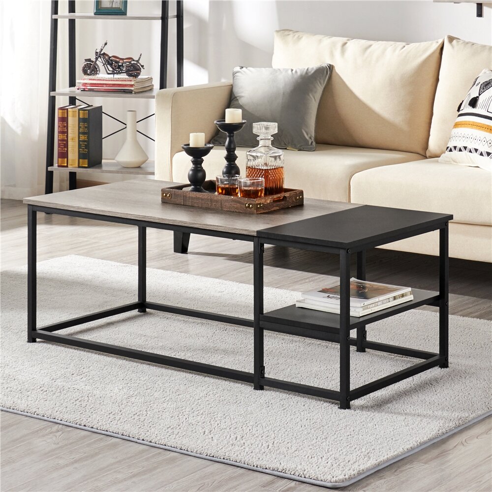 FOLUBAN Industrial Coffee Table with Shelf, Wood and Metal Rustic Cocktail  Table for Living Room, Oak