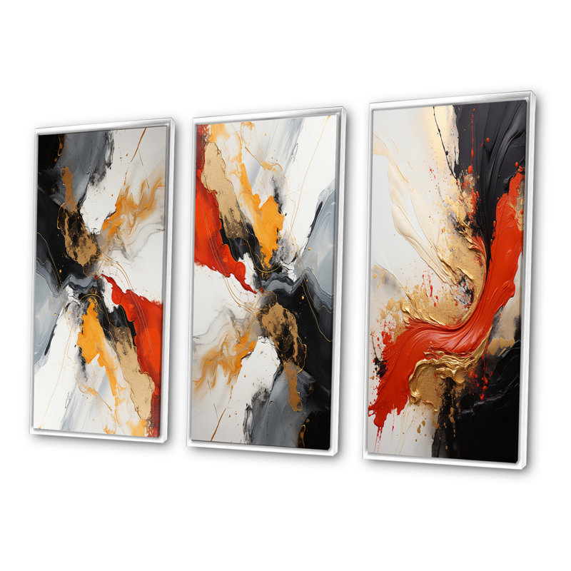 «Midnight Passion Abstract Wave» écarlate et or - ensemble de 3 impressions, Cadre blanc, H 28 po x l 36 po