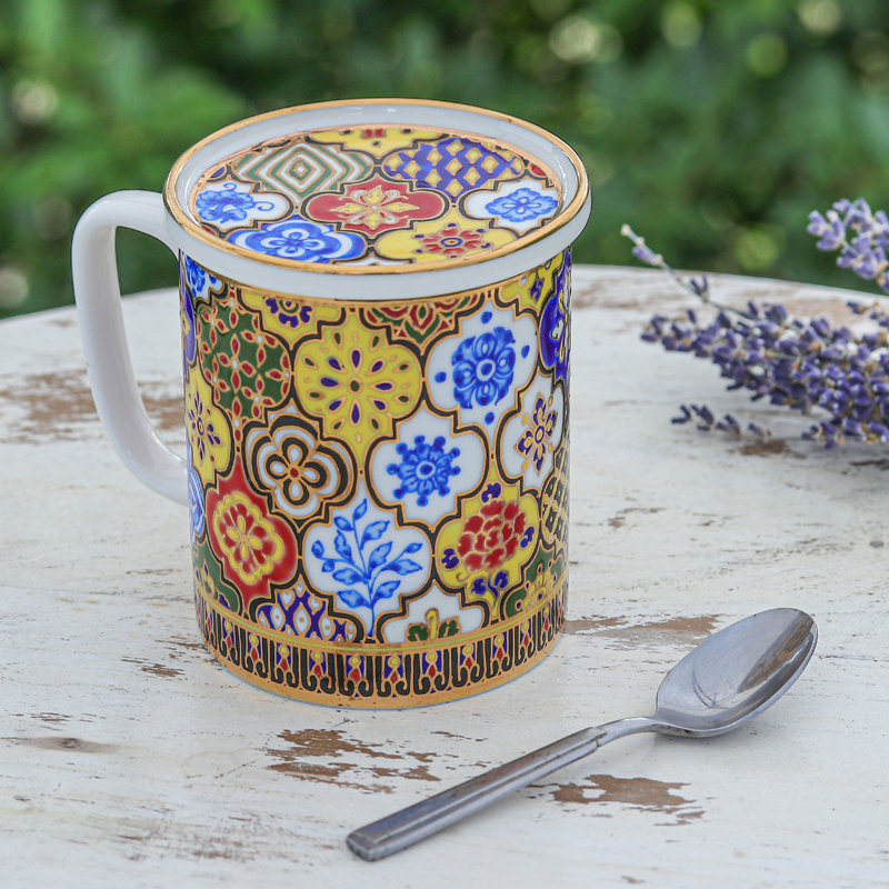 Bungalow Rose Handmade Thai Splendour Benjarong Porcelain Lidded Mug