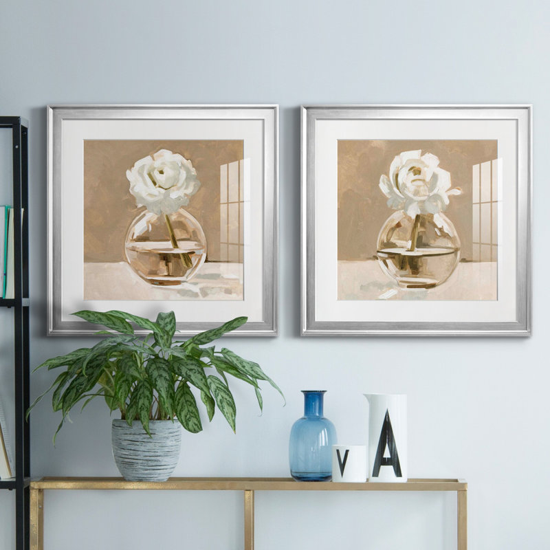 " Neutral Bud Vase I " 2 - Pieces, Silver Framed, 20" H x 20" W x 1" D, White