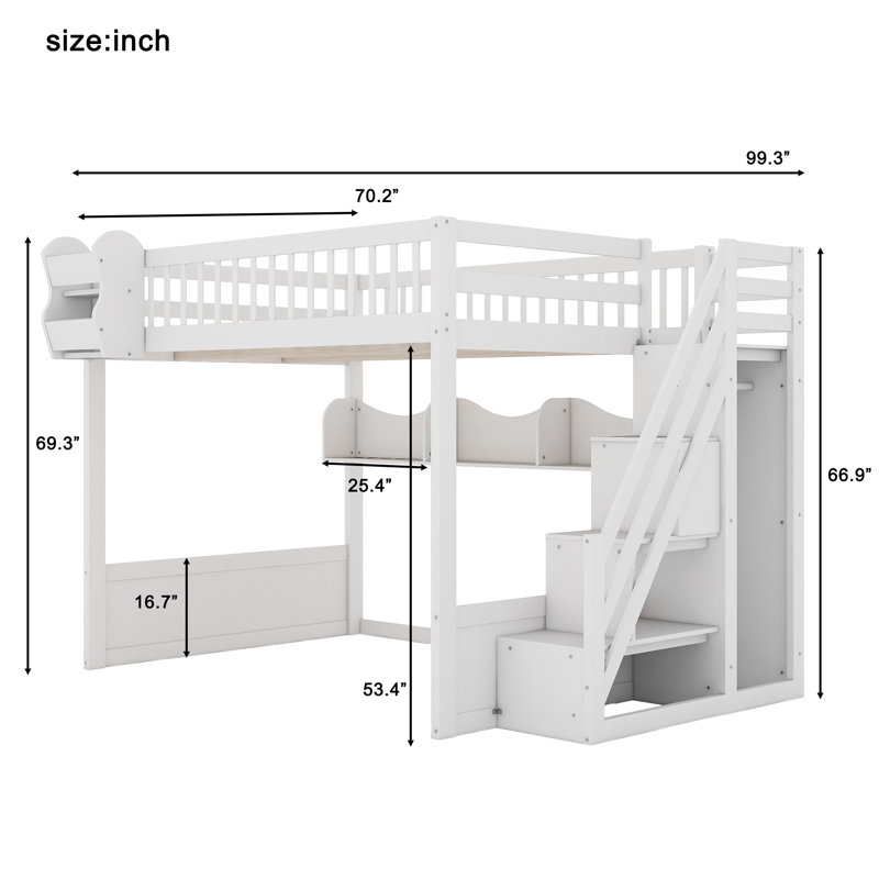 Grand lit mezzanine en bois avec escalier, garde-robe, tablettes de rangement, espace sous le lit, blanc, Blanc
