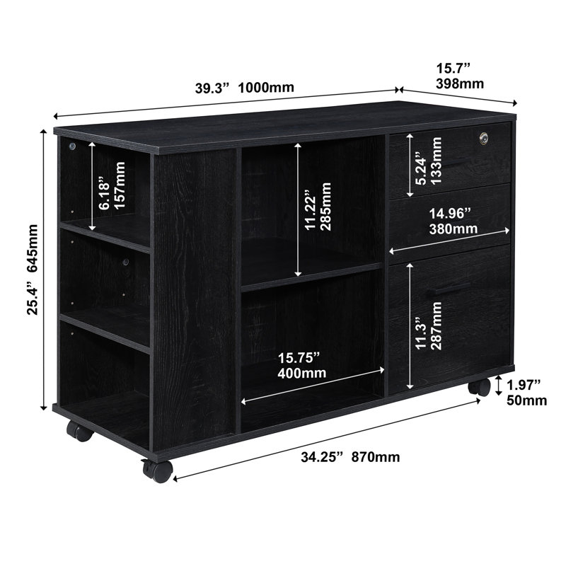 Oak File Cabinet With 1 Locker, Black