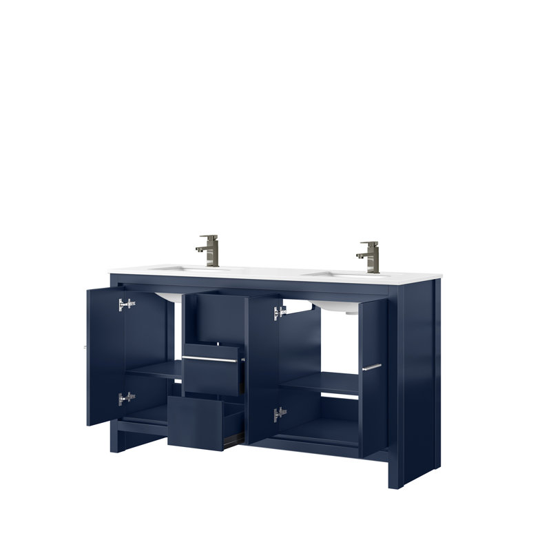 Ensemble de meuble-lavabo double 60 po X P 20 po D, dessus en quartz blanc et robinet en métal, Marine