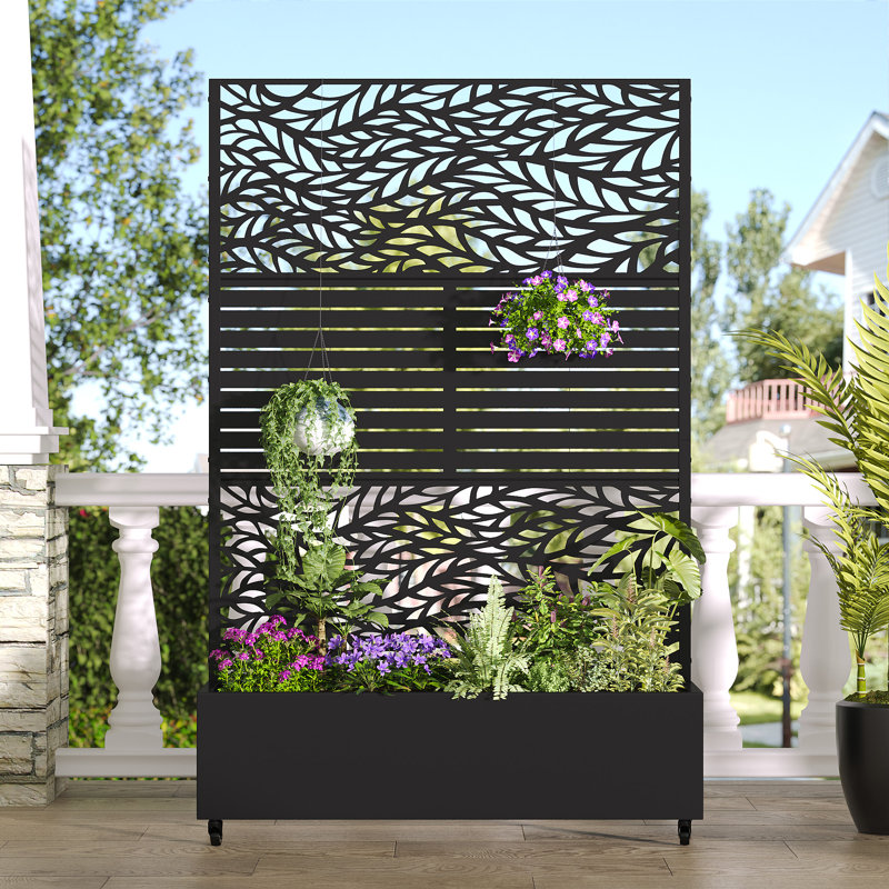 Lit de jardin surélevé autoportant à deux tons avec écran d'intimité Boîte à fleurs en métal avec treillis pour plante grimpante