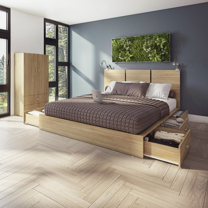 Delta Collection 6-Drawer Captain’s Storage Bed – Platform Bed with Headboard – No Box Spring Required, Beige