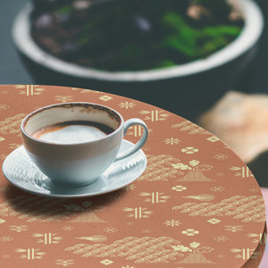 Ebern Designs Asian Fitted Round Tablecloth Pale Rust and Pastel Yellow ...