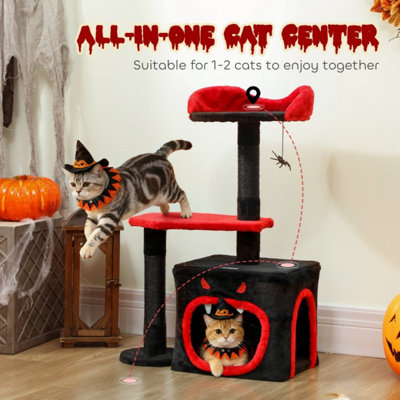 Gothic Cat Tree, Cat Tower with Sisal Scratching Posts, Cute Cat Condo, Coffin-Shaped Platform, Cat Bed and Spider Toy, Halloween Themed Pet Furniture