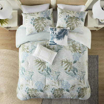 Édredon 6 pièces surdimensionné avec coussin décoratif bleu - imprimé tropical pour une résidence côtière, chambre élégante en coton lavable à la machine, facile à nettoyer