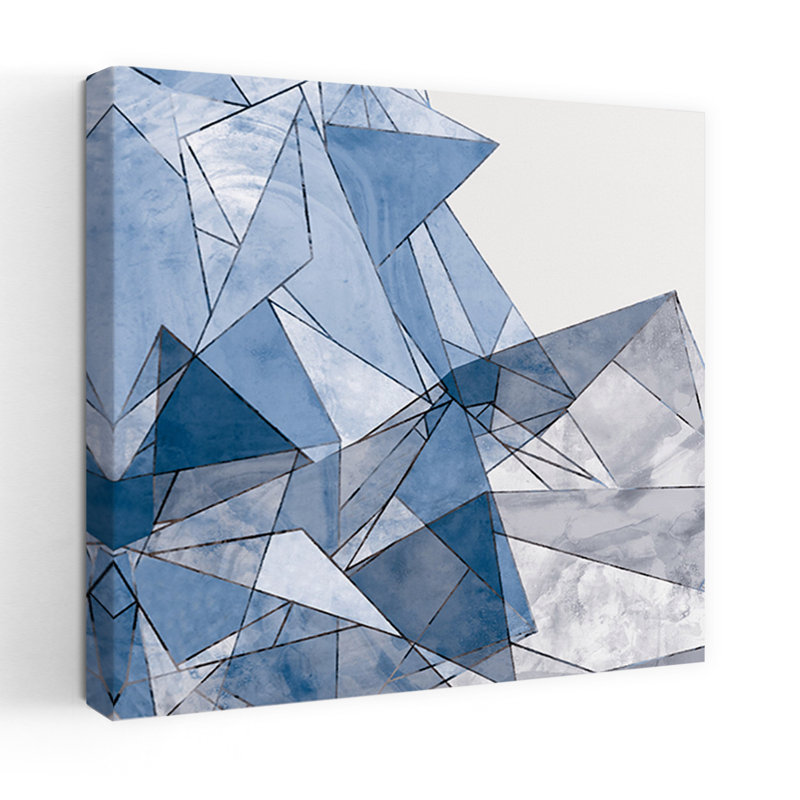 Art mural contemporain abstrait à géométrie bleue fracturée, H 32 po x l 32 po