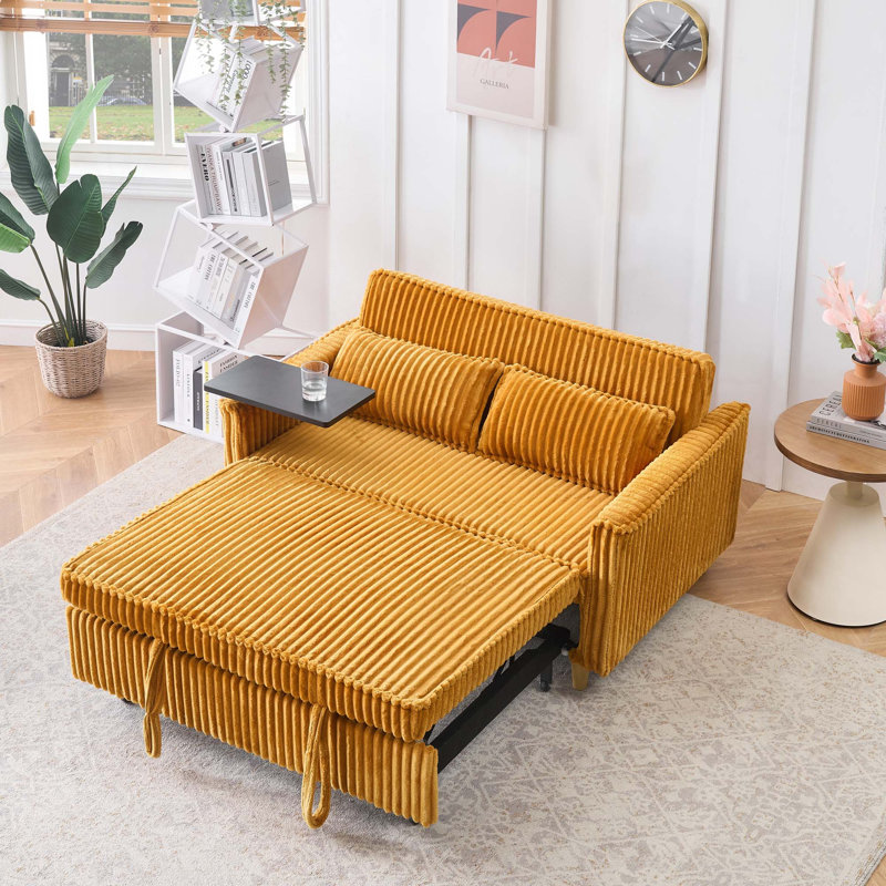The pull-out and push-in corduroy sofa with dual functions, equipped with a movable tabletop and USB ports, is suitable for use in living rooms and bedrooms.