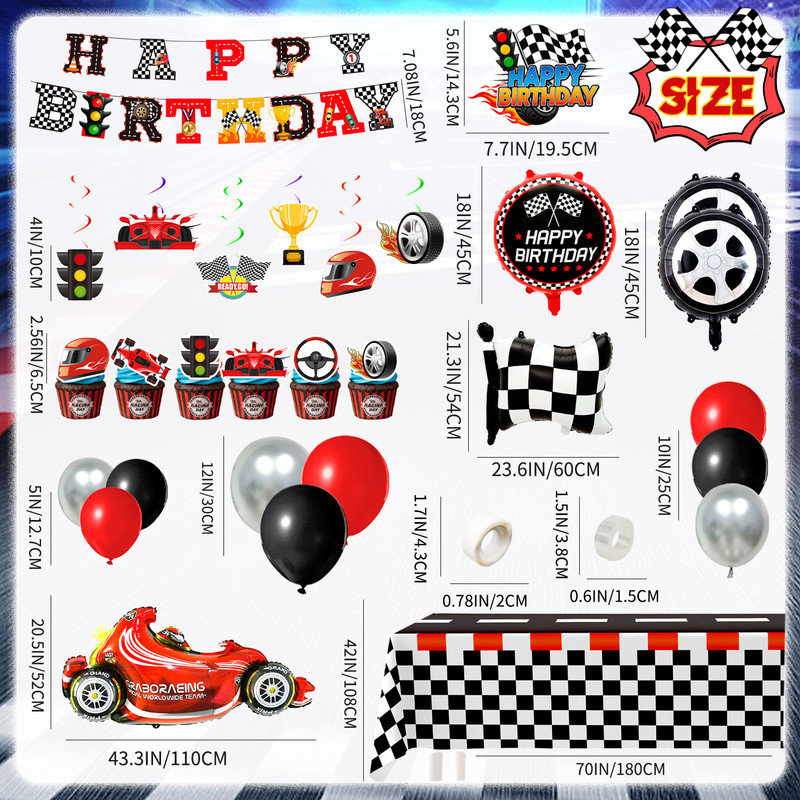Race Car Birthday Decorations, ensemble de décorations de fête pour voiture de course 112 pièces