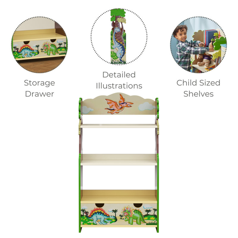 Teamson Kids Dinosaur Kingdom 3-Tier Kids Bookcase with Storage Drawer, Wooden Children's Bookshelf for Bedroom & Playroom