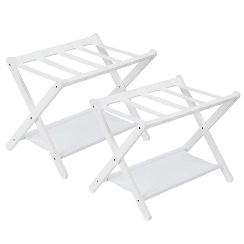 Ensemble de 2 porte-bagages pliants en bambou avec tablette de rangement, support de valise avec sangles en nylon, capacité de 110 lb pour la chambre à coucher, l'hôtel, le salon, le blanc