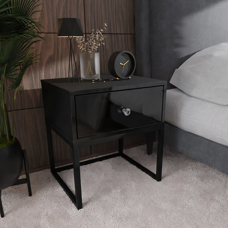 Varonique 1 Drawer Bedside Table, Black, Black