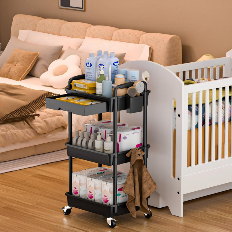 3 Tier Rolling Cart with Drawer & Lockable Wheels, Plastic Shelf Storage Organizer Cart, Black
