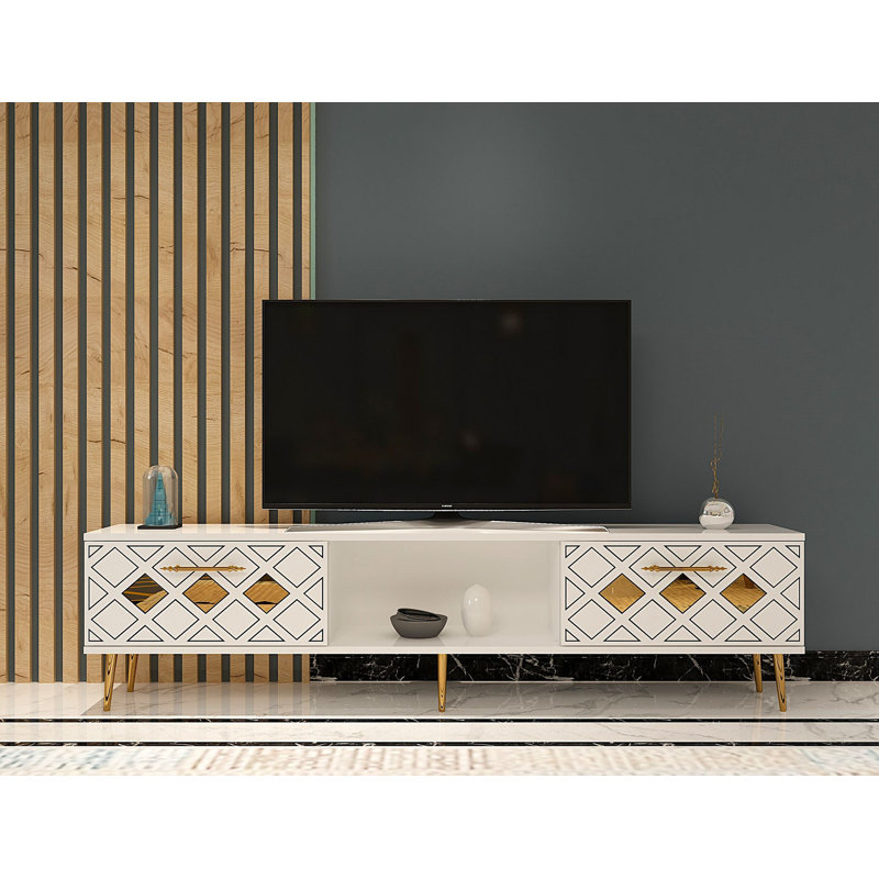 Modern TV Stand with Wall-Mount Option, White & Silver, 59.1 x 15.9 x 11.6 inches | 100% Melamine Coated Particle Board, Thickness: 0.7 inches | Stylish Geometric Design, Perfect for Contemporary Living Spaces
