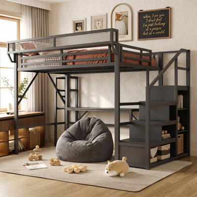 Lit mezzanine LuminaLoft en métal pour enfants avec bureau et borne de recharge
