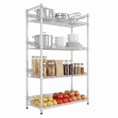4-Tier Chrome Wire Basket Shelving Unit, Adjustable Steel Storage Rack