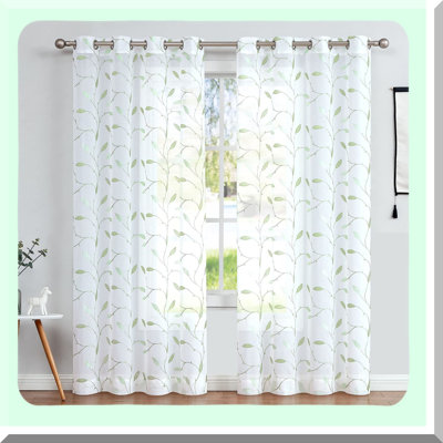 Floral Leaf Embroidered Sheer Curtains - Rustic White Privacy Drapes for Bedroom, Living Room, Kitchen - Set of 2 Panels, Long, Grommet Top, Green on