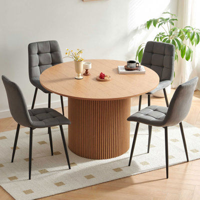 Dining Room Table Set For 4, Round Wooden Dining Table With Upholstered Chairs