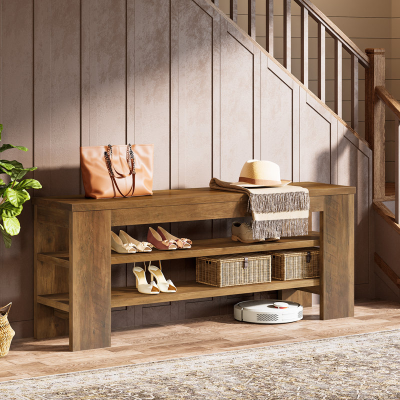 Banc à chaussures à 3 niveaux en bois brun rustique 47 po avec rangement ouvert, banc d'entrée pour couloir, salon ou chambre à coucher